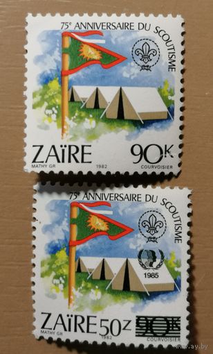 Марка Заир, 75 лет скаутскому движению, оригинал + с надпечаткой
