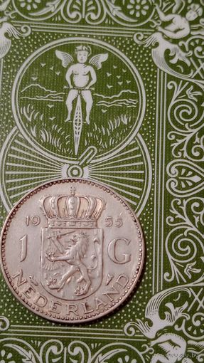 Нидерланды 1 гульден 1955 серебро