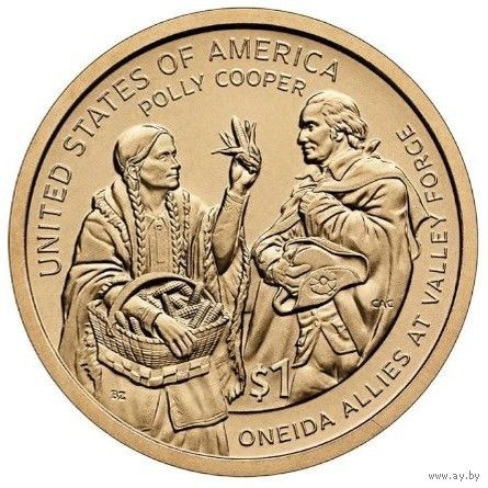1 доллар 2026 США Айова. Сакагавея, Индианка, Полли Купер – Индейцы онейда на Велли-Фордж UNC двор P