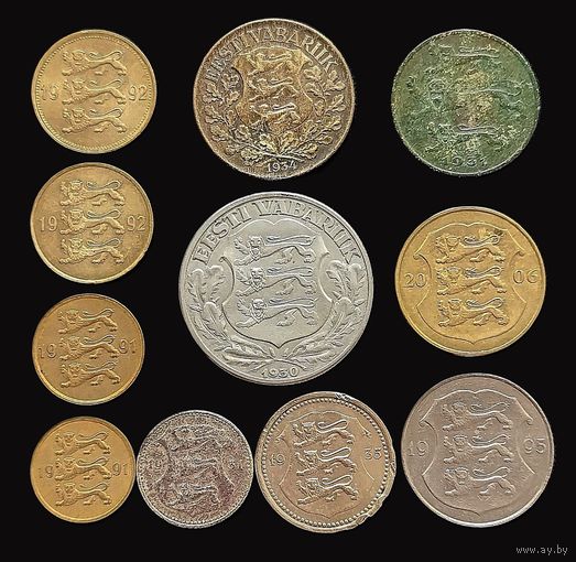 11 МОНЕТ ЭСТОНИИ 1-я и 2-я РЕСПУБЛИКИ (1930 - 2006 г.г.) С СЕРЕБРОМ (2 кроны 1930 г.)