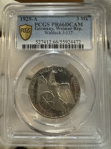 Германия Веймар 3 марки 1929 Вальдек ПРУФ-PROOF слаб PCGS PR66DCAM