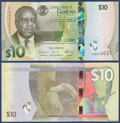 Белиз, 10 долларов 2025 г., P-W75 (FA, политик Филип Голдсон, килеклювый тукан, колибри-отшельник), UNC