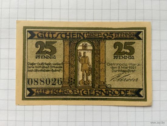 25 пфеннингов (нотгельды) 1921 г. Германия.
