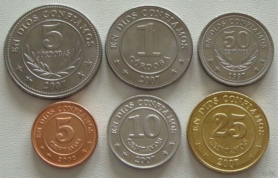 Никарагуа. Набор 6 монет = 5, 10, 25, 50, сентаво 1, 5 кордоба 1997-2007 года Монеты не чищены!!!
