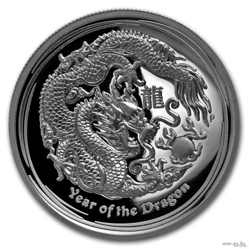 Австралия 1 доллар 2012г. Лунная серия II: "Год Дракона". PROOF. Высокий рельеф. Монета в капсуле; подарочном футляре; номерной сертификат; коробка. СЕРЕБРО 31,107гр.(1 oz).