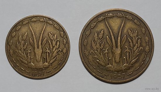 Монеты Западной Африки, 10 и 25 франков, 1957 год, 2 монеты одним лотом. Без МЦ.