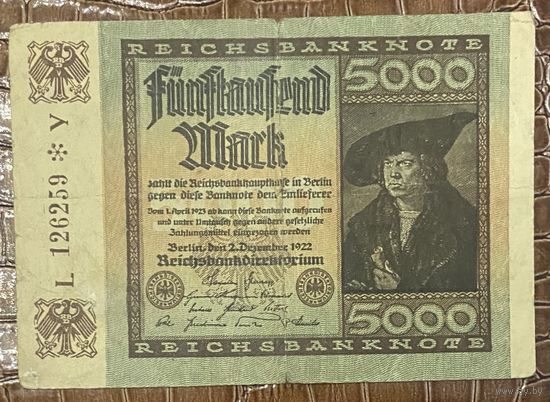 Банкнота 5000 марок 1922 год. Веймарская республика.