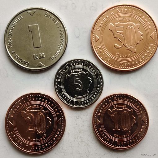 Босния и Герцеговина 5, 10, 20, 50 фенигов, 1 марка 2025 г. набор 5 монет UNC