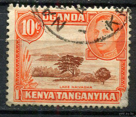 Британские колонии - Кения, Уганда, Таганьика - 1938/1954 - Король Георг VI и озеро Найваша 10С - (есть тонкое место) - [Mi.55A] - 1 марка. Гашеная.  (Лот 51EW)-T25P3