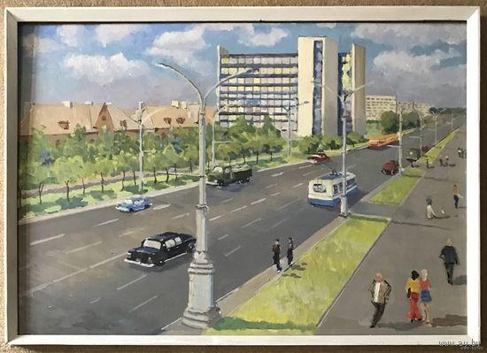 Булычев Ю.А. "Минск.Проспект Ленина завод Агат", 1970-е г. Размер 60х80 см.