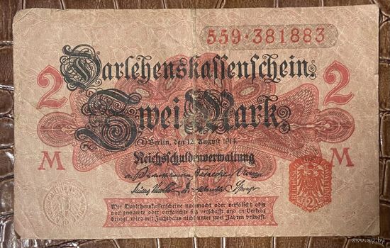 Банкнота 2 марки 1914 год. Германская империя.