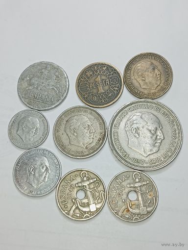 Испания 10 сентаво 1940,1959 года , 50 сентаво 1949,1963,1966 года , 1 песет 1944,1963 года , 5 песет 1957 и 50 песет 1957 года .