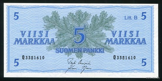 Финляндия 5 марок 1963 г. Uusivirta-Nars. P99(1). UNC