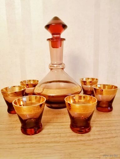 Цветное стекло графин и рюмочки 6 шт. в идеале, винтаж из СССР