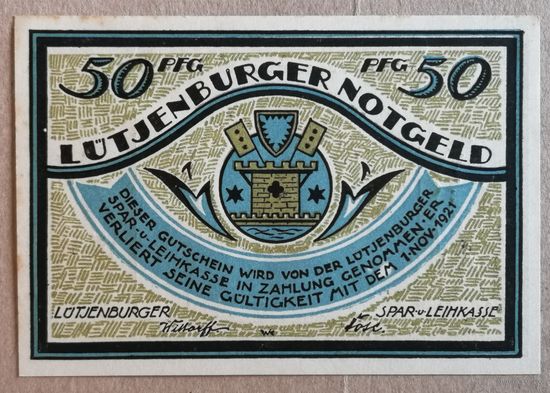 Германия 50 пфеннигов 1921 г Лютенбург (Lutjenburg) 842.1 вар.2, UNC,