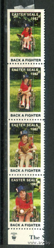 США, виньетки - 1982г. - Пасха - 4 марки - сцепка - MNH, MH, есть сгиб по перфорации. Без МЦ!