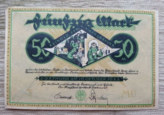 Werty71 Германия 50 марок 1918 аUNC банкнота Гроссгельд Дортмунд зелёная