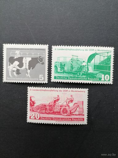 ГДР 1958 Полная серия марок "Cельскохозяйственная выставка в Мекленбурге" (чистые* с наклейками) Mi.628-630 каталог 4.00 евро