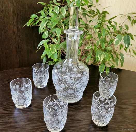 Набор для крепких напитков, хрусталь, алмазная грань. Графин, рюмки/стопки  5 шт.