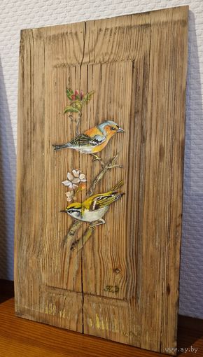 Картина "Птички на ветке" старинная доска.
