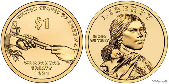 1 доллар 2011 год США Трубка мира (Договор с Вампаноагами)Сакагавея