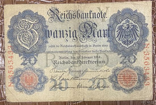Банкнота 20 марок 1914 год. Германская империя.