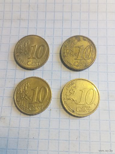 10 евро центов 4 шт., одним лотом. Старт с 2-х рублей без м.ц. Смотрите другие лоты, много интересного.