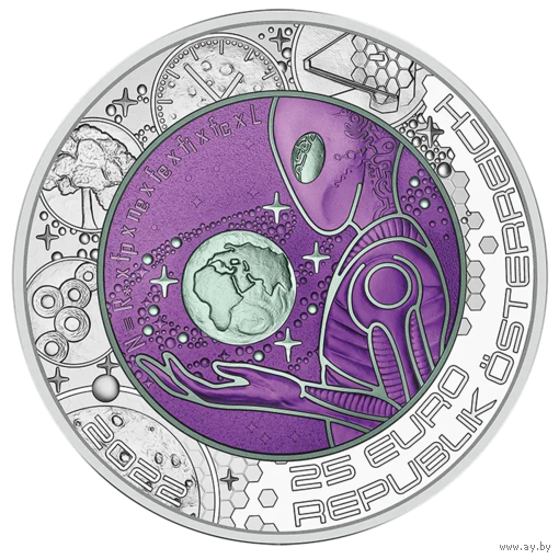 Австрия 25 евро 2022г. "Внеземная жизнь. НЛО". Монета в капсуле; подарочном футляре; номерной сертификат; коробка. СЕРЕБРО 9,0гр.; НИОБИЙ 6,5гр.