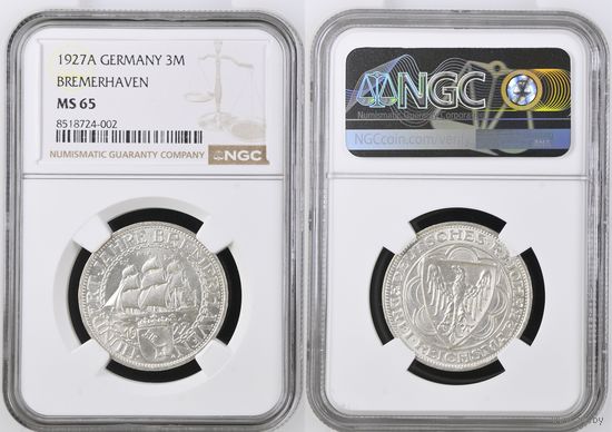 3 рейхсмарки 1927 год 100 лет Бремерхафену. Очень редкие! Красивое коллекционное состояние! Штемпельный блеск! Грейд NGC MS65