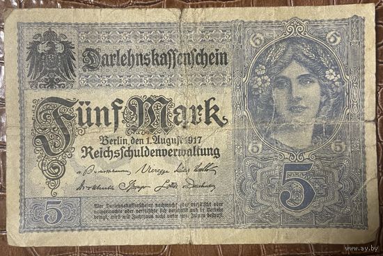 Банкнота 5 марок 1917 год. Германская империя.