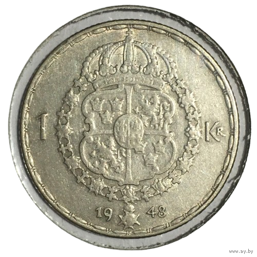 Швеция 1 крона, 1948 (серебро, холдер)