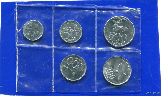 Индонезия 5 монет ( 25+50+100+200+500 ) рупий , в банковской запайке , UNC
