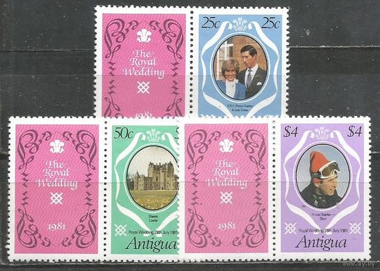 Антигуа. Принц Чарльз и леди Диана. Королевская свадьба. 1981г. Mi#628-30.