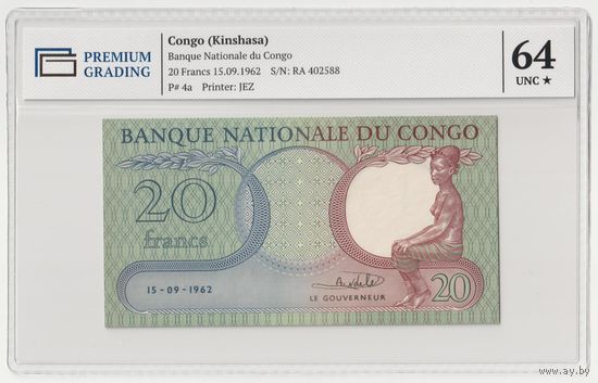 Конго 20 франков 1962 года. Тип P-4а. Состояние UNC! В слабе Premium Grading 64