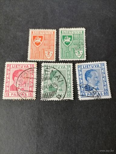Литва 1936 Полная серия марок "Стандарт" (первая марка чистая**, остальные гашеные без клея, на одной из них есть след от наклейки) Mi.408-412 каталог 0.50 евро