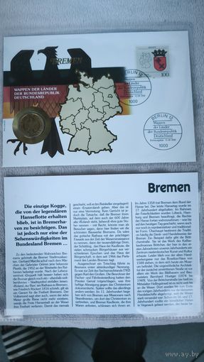 Набор в честь восстановления Германии "1 марка+ конверт +  марка первого дня гашения"Бремен "