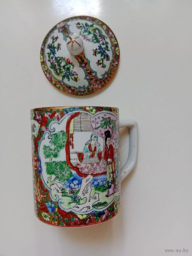 Кружка с крышкой (дальневосточные мотивы, ручная роспись)