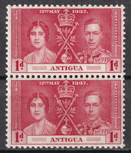 61.BrKS. Великобритания. Колонии.  Антигуа. Коронация Георга VI и Елизаветы. 1937 г. 1P. Mi.#75. Пара. MNH.