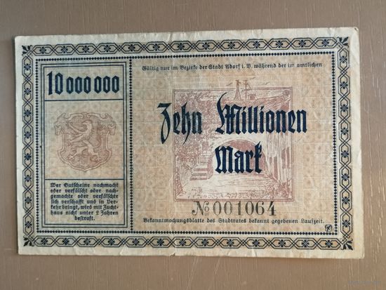 Германия, 10000000 марок, 1923 год, Адорф,