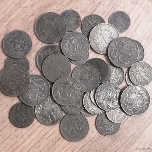 1 злотый, 50 грошей, 20 грошей, 10 грошей