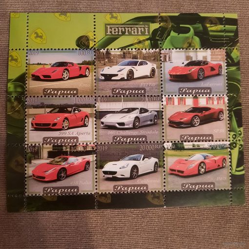 Папуа 2019. Автомобили Феррари. Ferrari. Малый лист