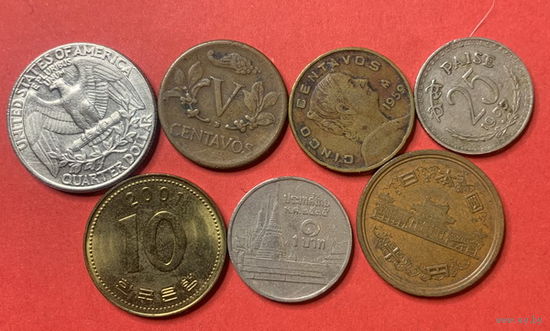 Весь мир без Европы, 7 разных монет из 7 стран - 3