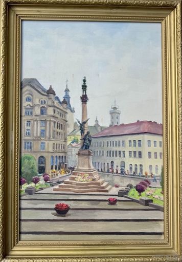 Бржозовский Г.Ф "Дождливый день". Памятник А.Мицкевичу во Львове. Холст, масло. Размер с рамой 52х73,5 см.