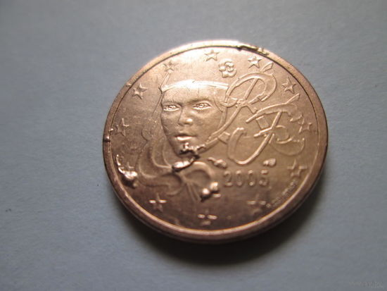 2 евроцента, Франция 2005 г., брак в Евросоюзе (вздутие с одной стороны)