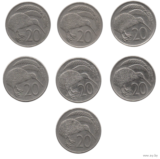 Королевство Новая Зеландия. 20 центов 1967, 1971, 1977, 1980, 1981, 1983, 1985. 2-й тип портрета. Фауна. Птица. Киви. Цена за одну монету.