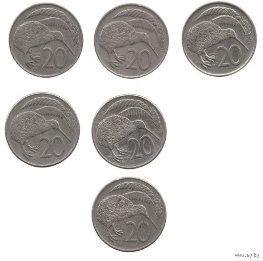Королевство Новая Зеландия. 20 центов 1967, 1971, 1977, 1980, 1981, 1983, 1985. 2-й тип портрета. Фауна. Птица. Киви. Цена за одну монету.
