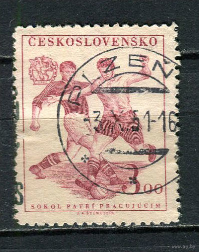 Чехословацкая Социалистическая Республика - 1951 - Спорт. Футбол 3Кс - [Mi.673] - 1 марка. Гашеная.  (Лот 78Fx)-T25P36