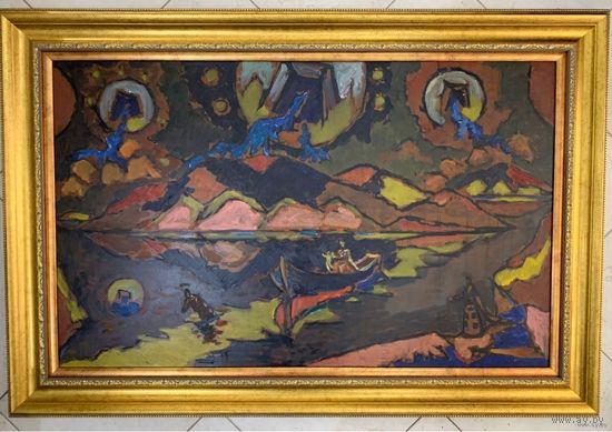 Кищенко А.М;114/78см.с учетом рамы "По реке жизни", ДВП,масло.Размер с рамой 114х78см.