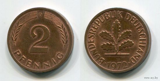 Германия. 2 пфеннига (1972, буква D, XF)