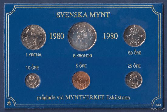 Швеция, набор из 6 монет 1980 года, в пластиковом кейсе, UNC